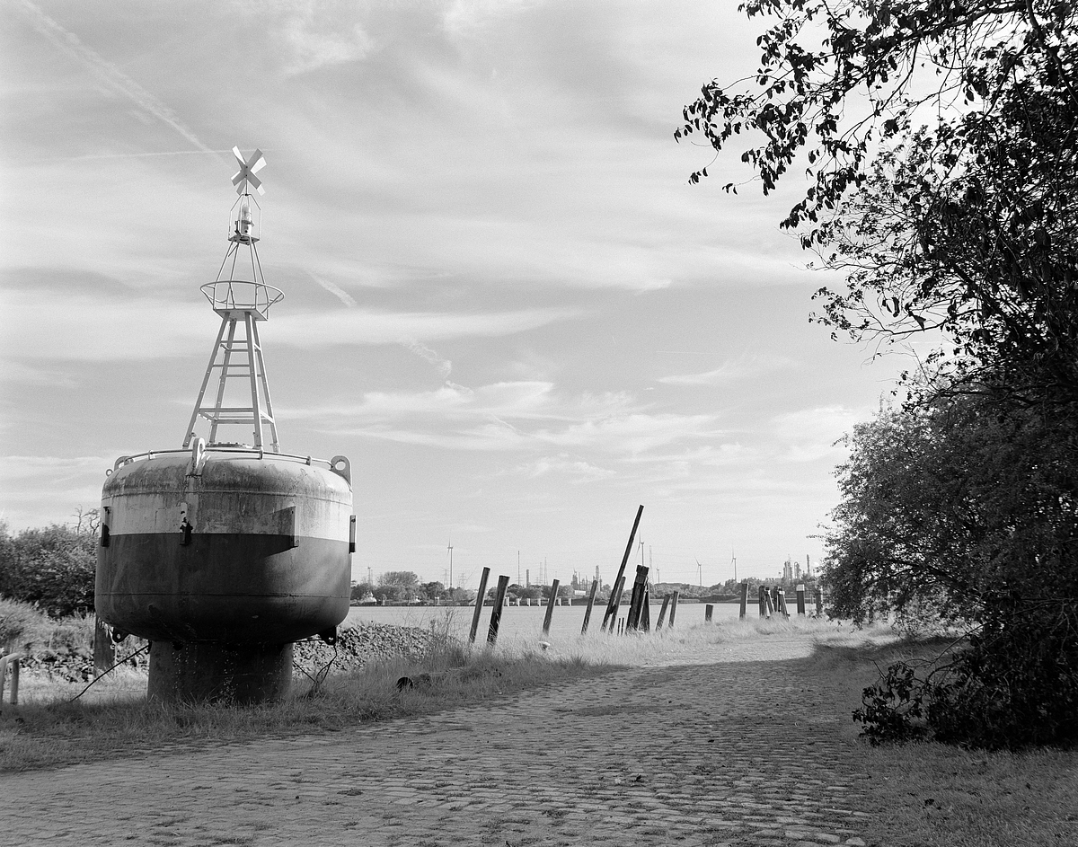 An buoy sits on the island of the 16th century fort of Lillo