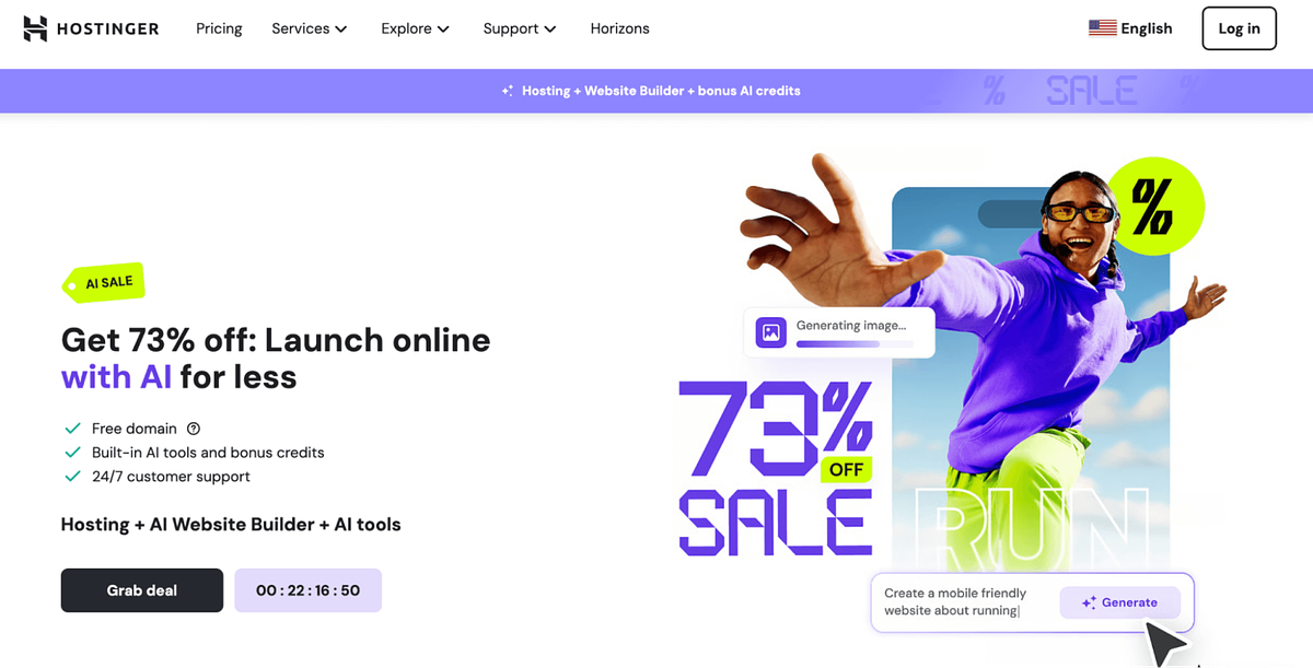 Afbeelding van de startpagina van de websitebouwer van Hostinger