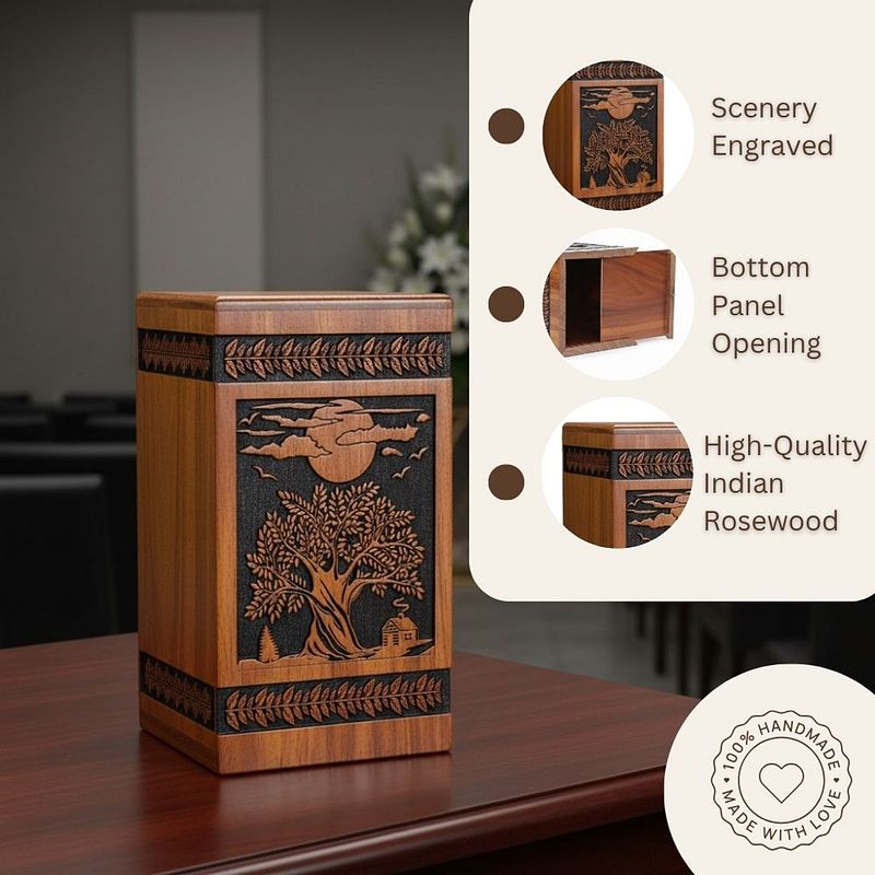 Engraved Tree of Life Scenery Wooden Urn Box for Ashes