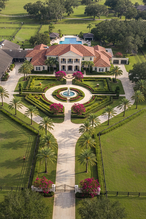 op-down aerial view of a luxury estate's manicured symmetrical gardens, circular driveway, and central fountain in Gainesville, Florida, captured by PrimePropertyPhoto.