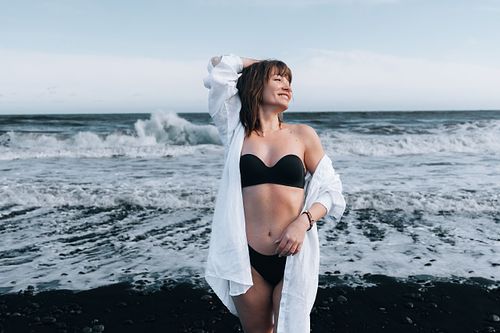 Swimming suit photoshoot at Diamond beach in Iceland