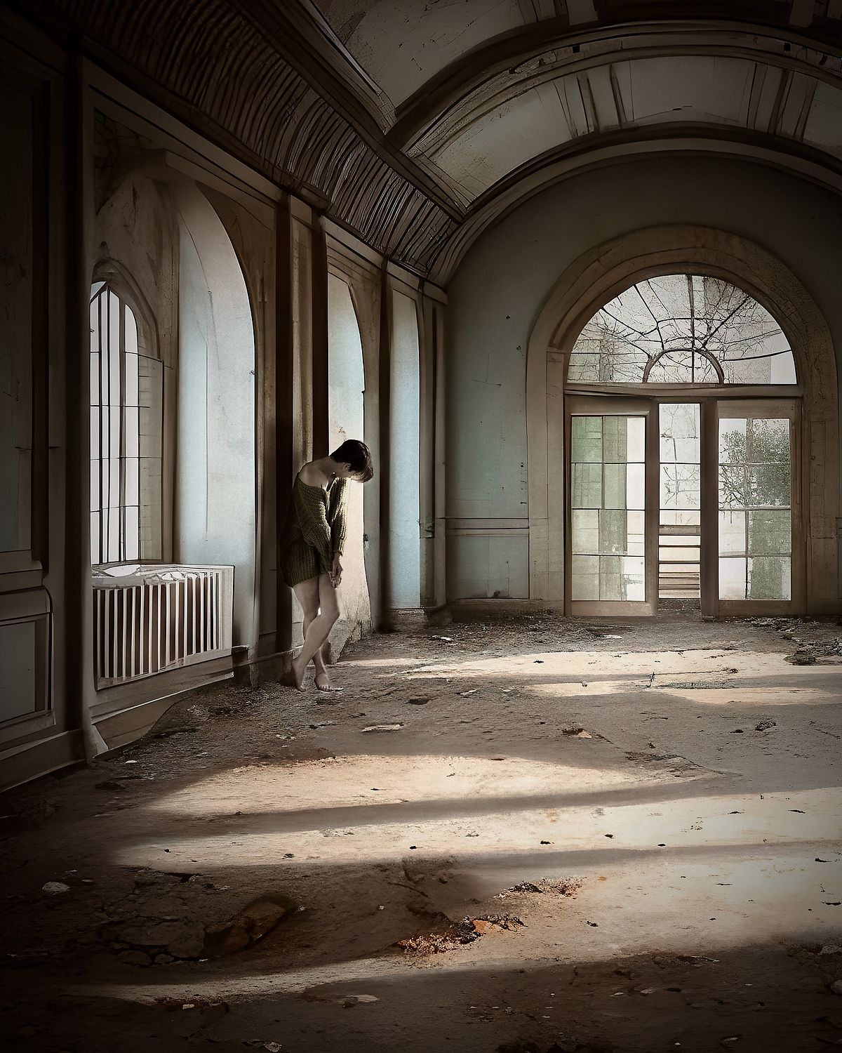 photo tarot Lost Alone, femme solitaire contre un mur dans ruines pastel, regard au sol sous une lumi&egrave;re douce