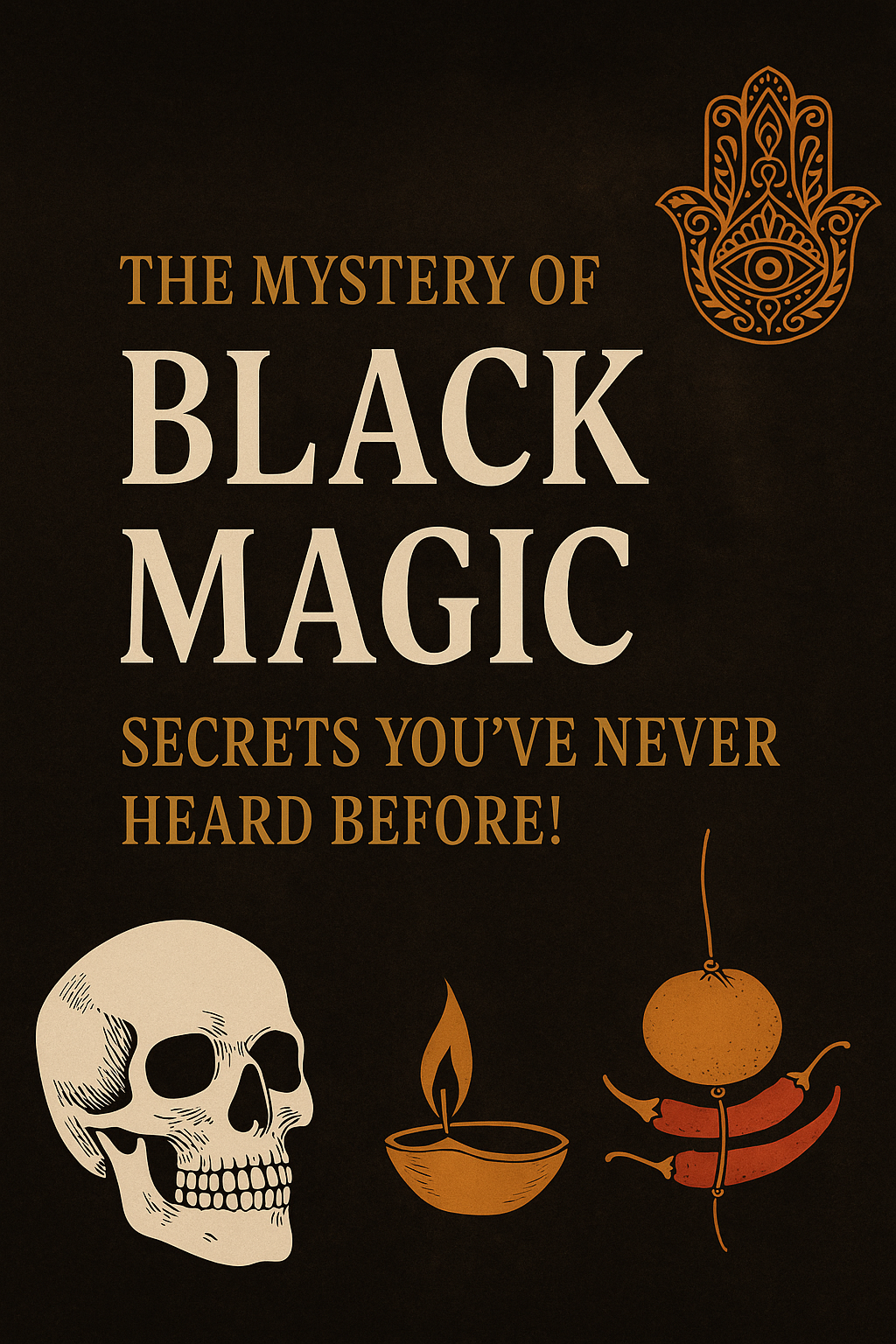 Visual banner for blog titled The Mystery of Black Magic – Secrets You’ve Never Heard Before, featuring Indian mystical symbols like skull, oil lamp, lemon and chillies, and Hamsa hand in dark traditional design.