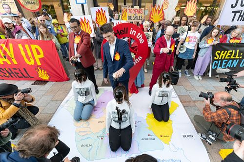 Climate campaigners protest outside Shell, London, UK