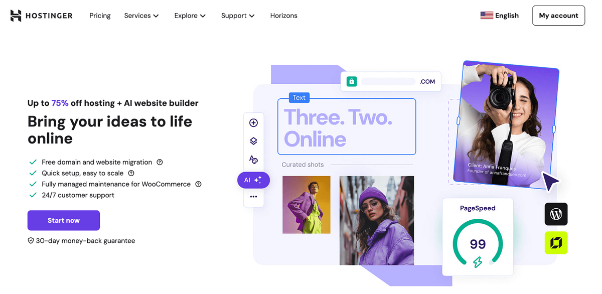 Captura de tela da página inicial da Hostinger