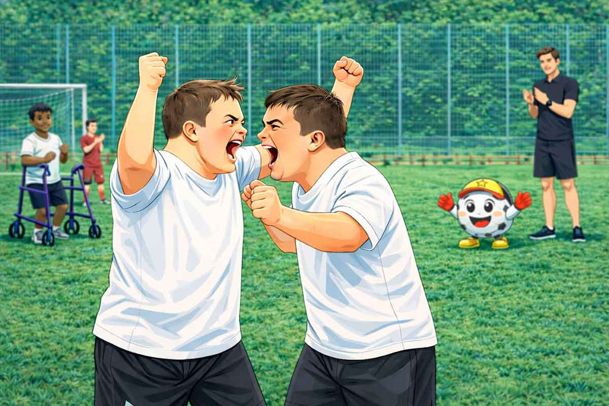 Zwei Kinder feiern sehr emotional und lautstark den Torerfolg ihrer Mannschaft, während Mitspieler und Trainer im Hintergrund die Freude teilen.