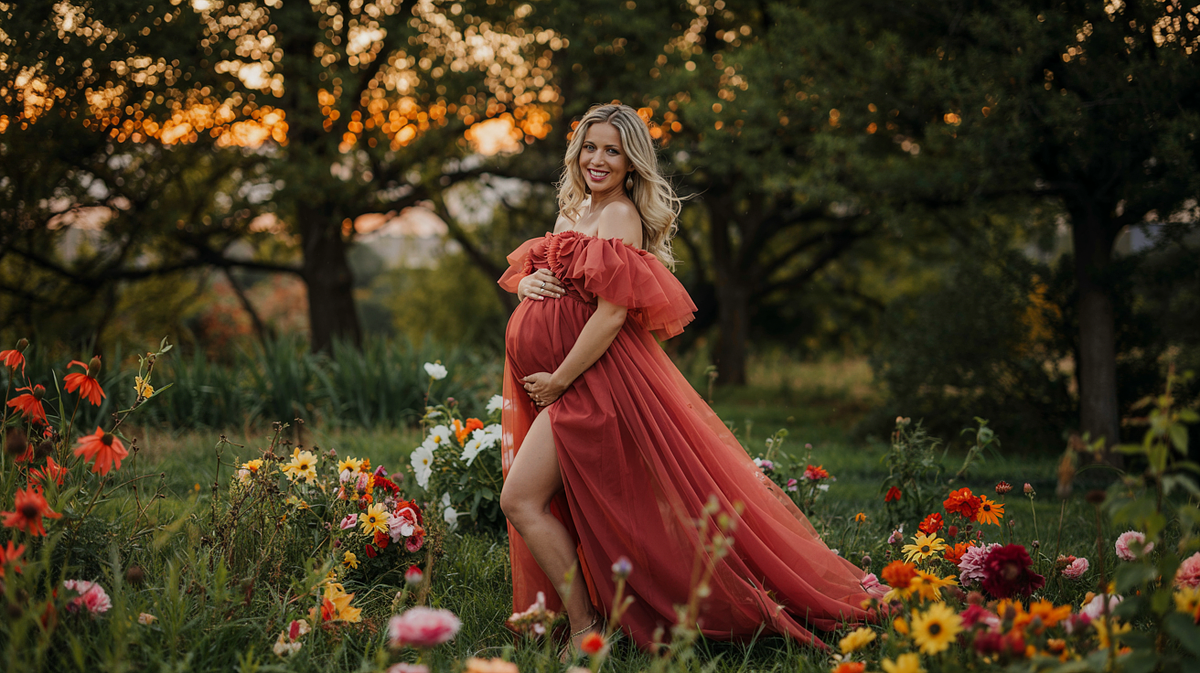 Pregnant woman posing in natural light with a flowing maternity gown.