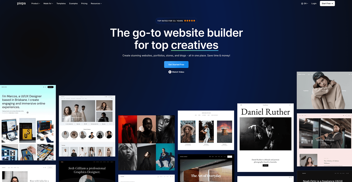 Pixpa homepage showing all-in-one website builder for photographers and creatives with portfolio, online store, and client galleries