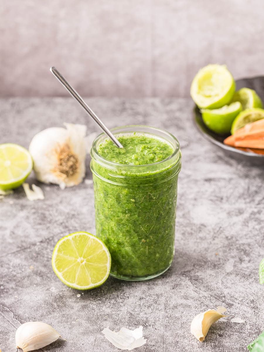 A jar of somali green chutney
