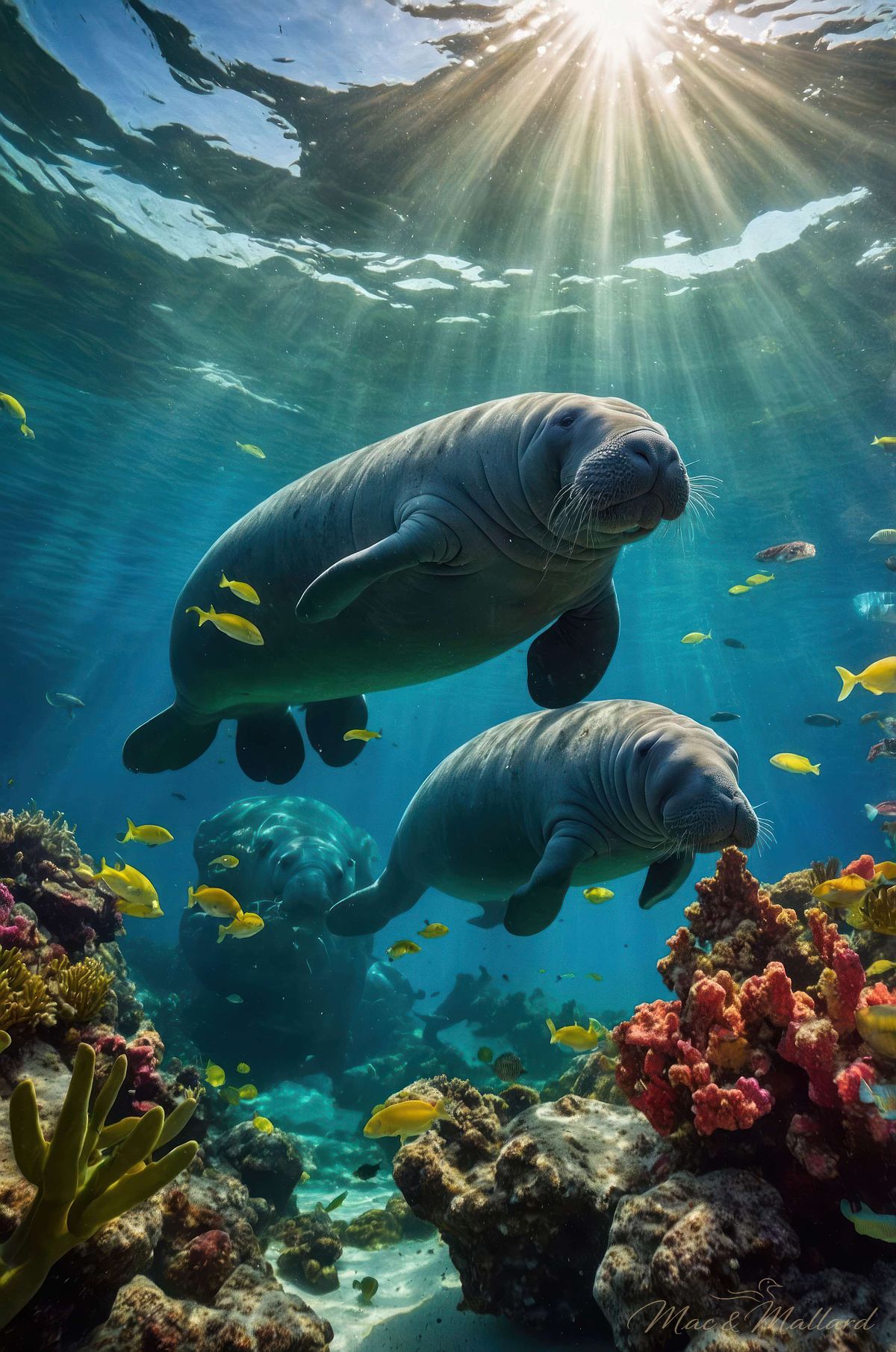 Two manatees swim gracefully through a vibrant underwater landsc