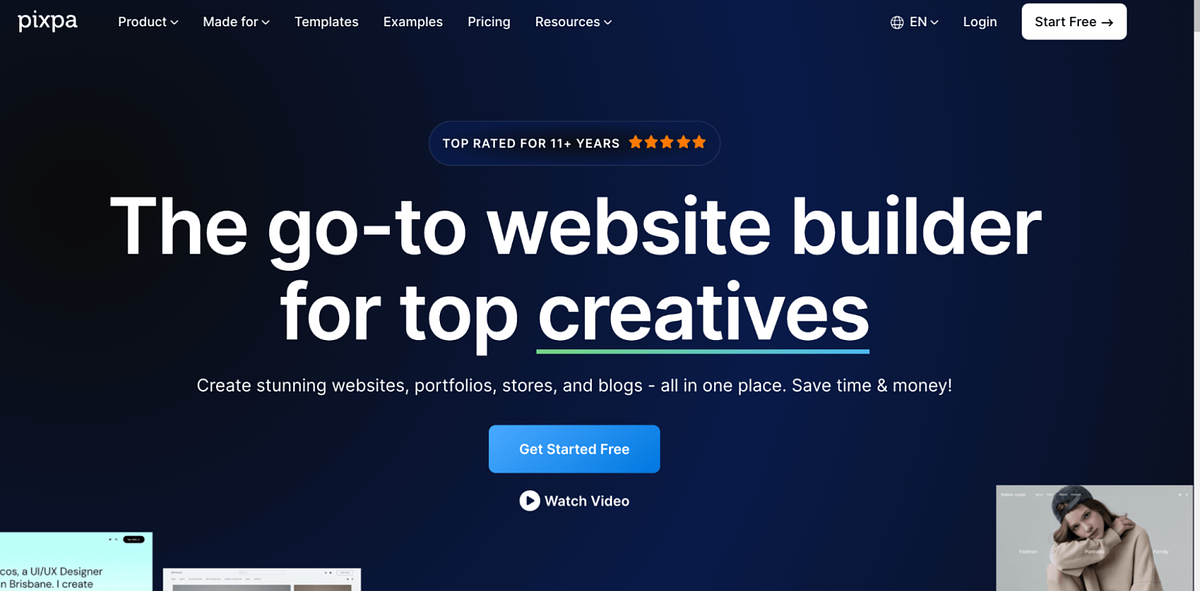 Schermafbeelding van Pixpa's startpagina