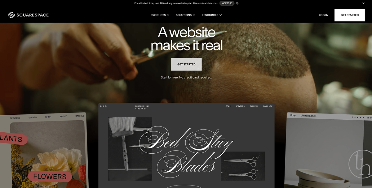Squarespace homepage showing design-led website builder with strong content marketing and native blog features