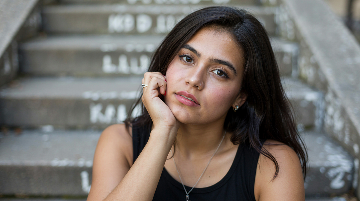 High school senior posing confidently outdoors in natural light.