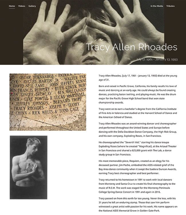 Page À propos du site Web commémoratif de Tracy Allen Rhoade