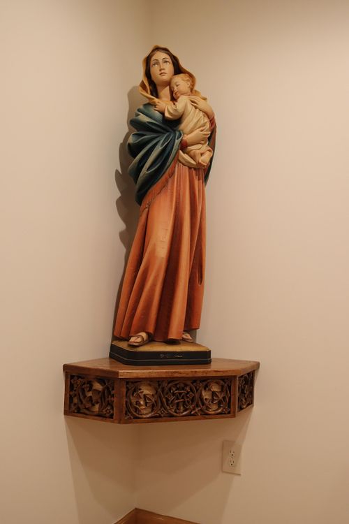 statue of the Blessed Virgin Mary on her new, hand-carved shelf in the Dominican Sisters' Chapel in Columbus, Ohio