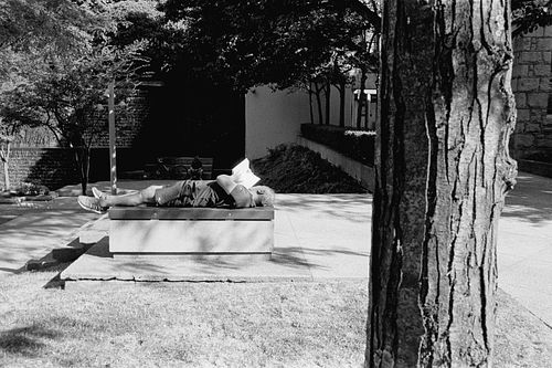 film photo of man reading on a bench