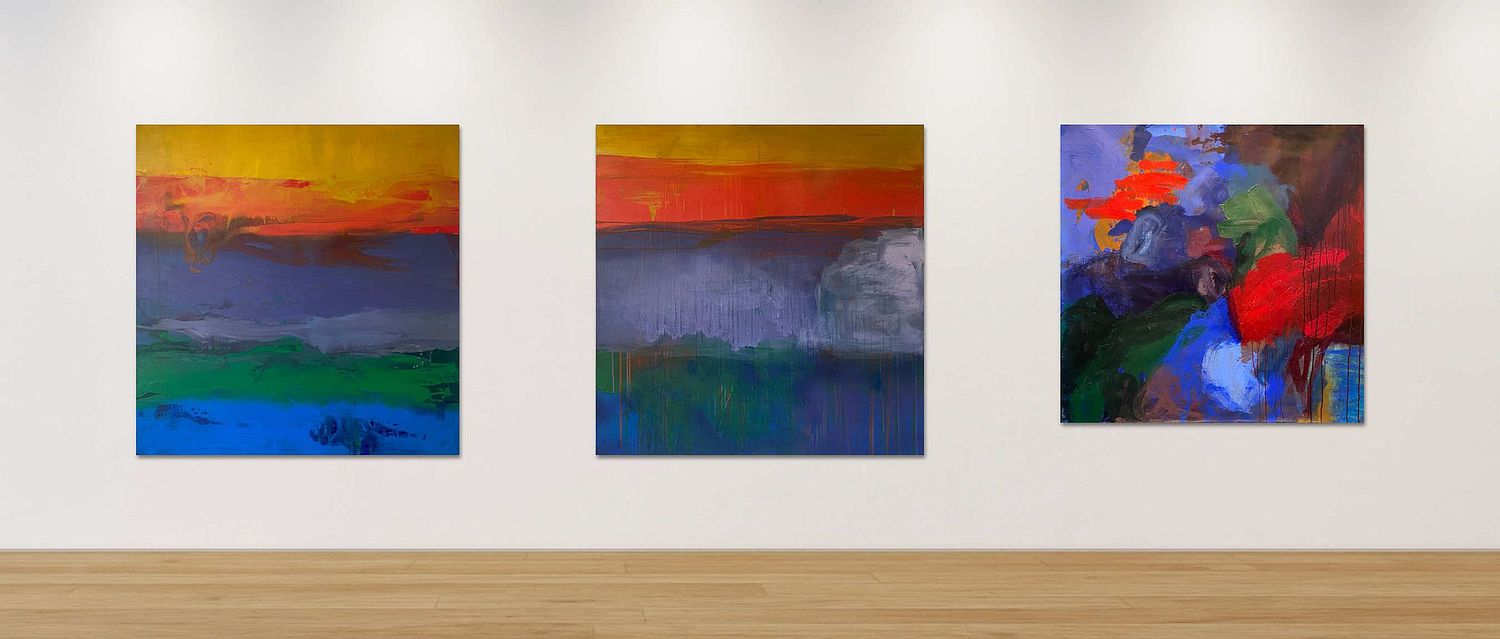Peintures abstraites contemporaines de la s&eacute;rie Paysages Abstraits par Catherine Maddens : S&eacute;dimentations I, S&eacute;dimentations II et Andalucia. &OElig;uvres acryliques et b&acirc;tons d&rsquo;huile sur toile inspir&eacute;es de la terre, des strates naturelles et de la lumi&egrave;re du pa