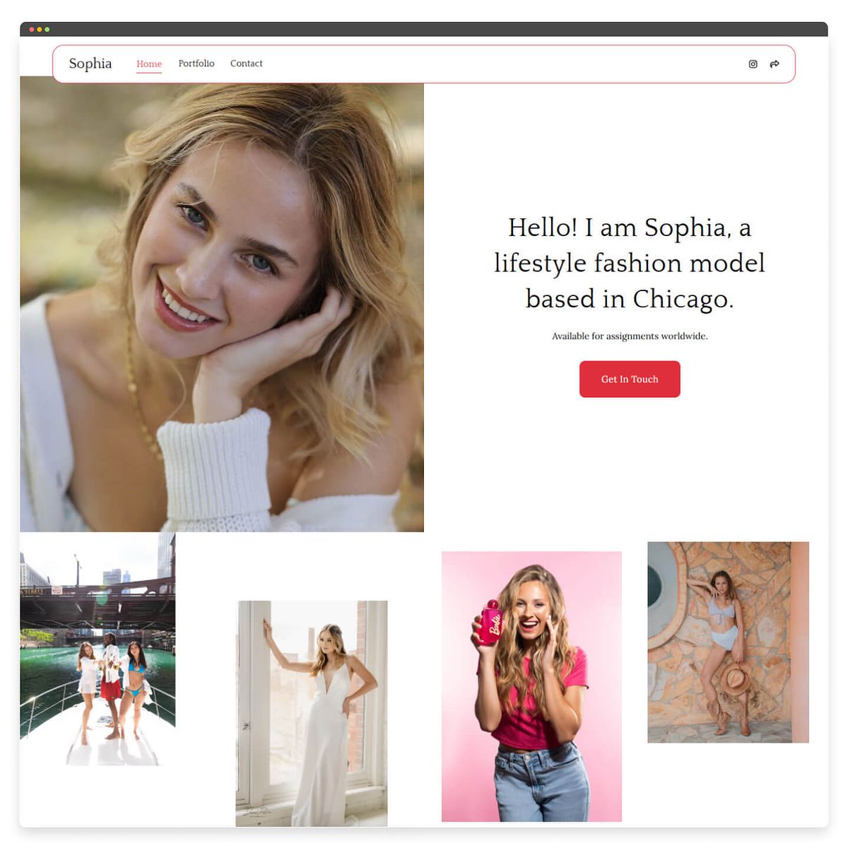 Strona z portfolio modelek Sophii Kropp