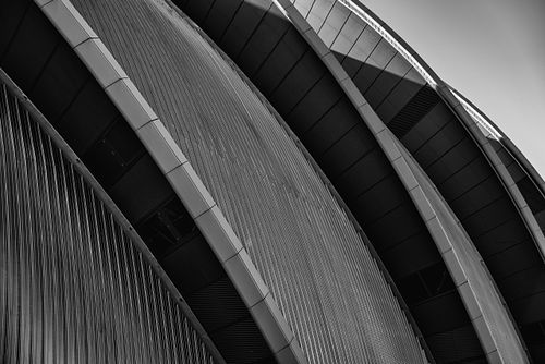 Cityscapes, architecture, armadillo, Scottish event campus, Glasgow, Scotland, United Kingdom, UK, black & white