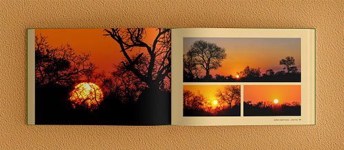 Double-page spread of the photobook showing a full-bleed sunset tree silhouette on the left page and three supporting sunset photos on the right.