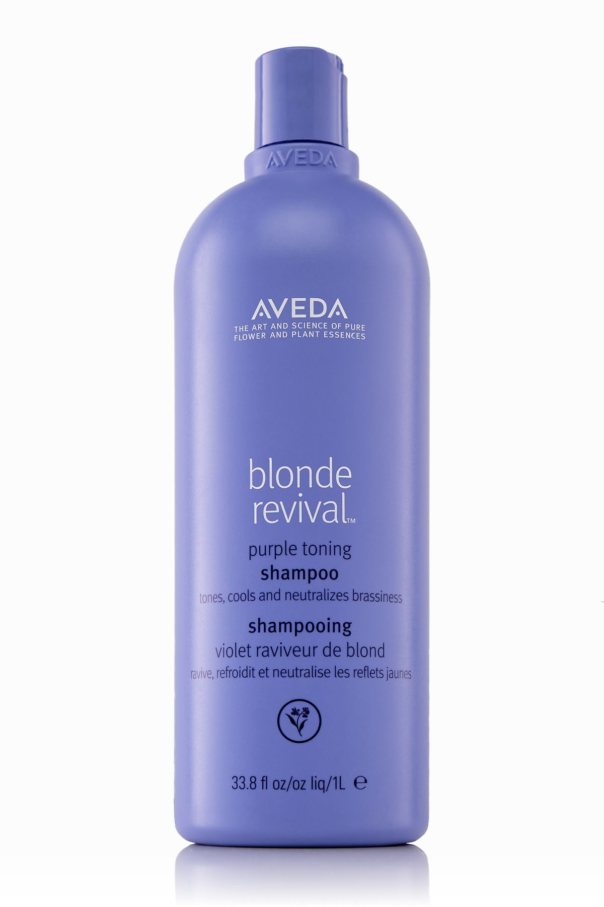 Professionally lit purple shampoo bottle on a white background.