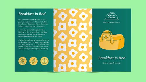 One unfolded side of the Breakfast in Bed information sheet, showing three panels: the mascot and front-of-package design, a full-bleed flavour pattern, and an introduction with ingredient icons.