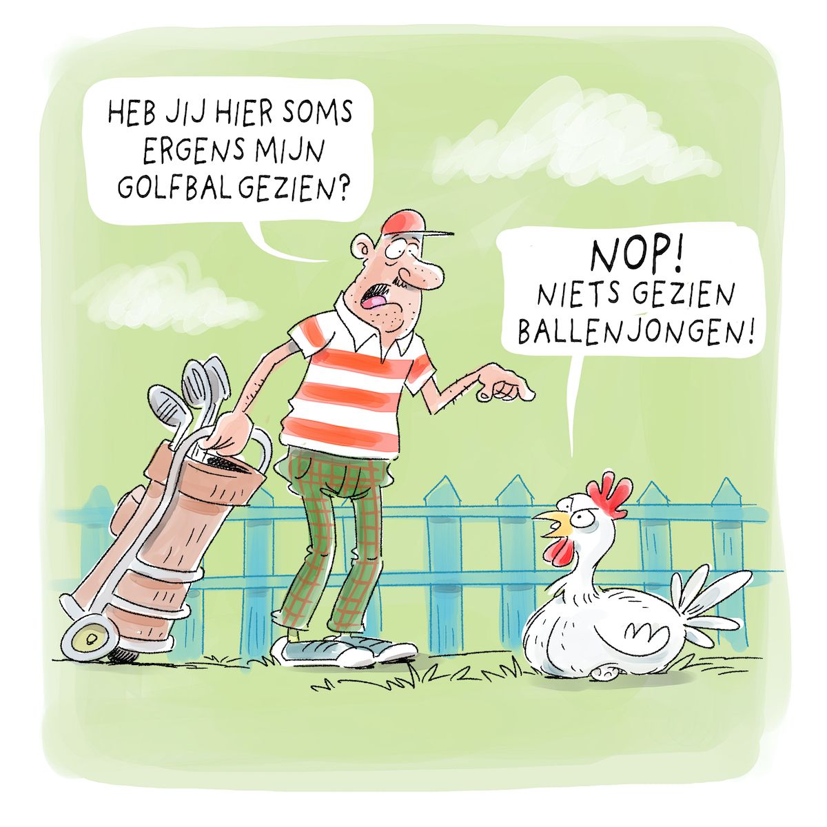 cartoon met een kip die op de golfbal zit van een golfer. Niets gevonden man!