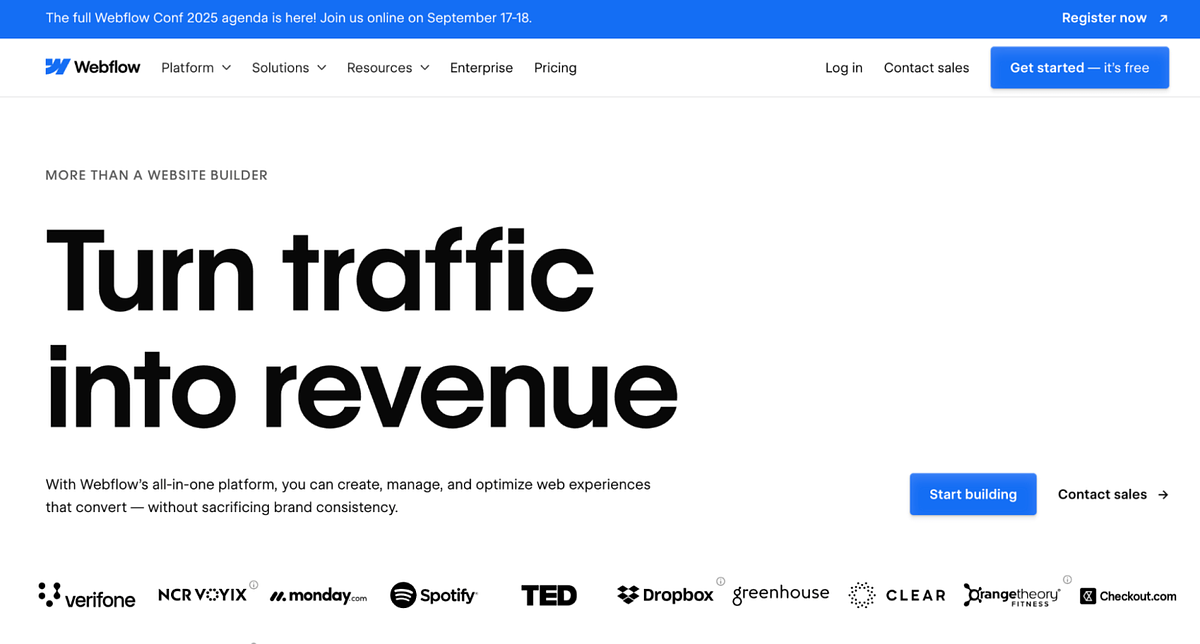 Скриншот домашней страницы Webflow