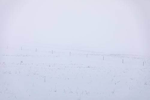 Clôture enneigée disparaissant dans le brouillard en Šumava