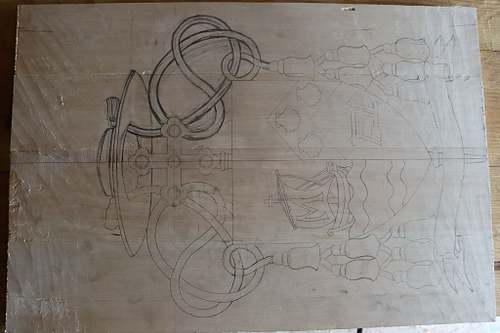 carving layout heraldic coat of arms on basswood