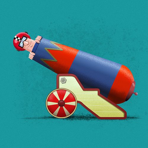 illustratie van een kanonman die klaar ligt in zijn kanon op weg geschoten te worden.