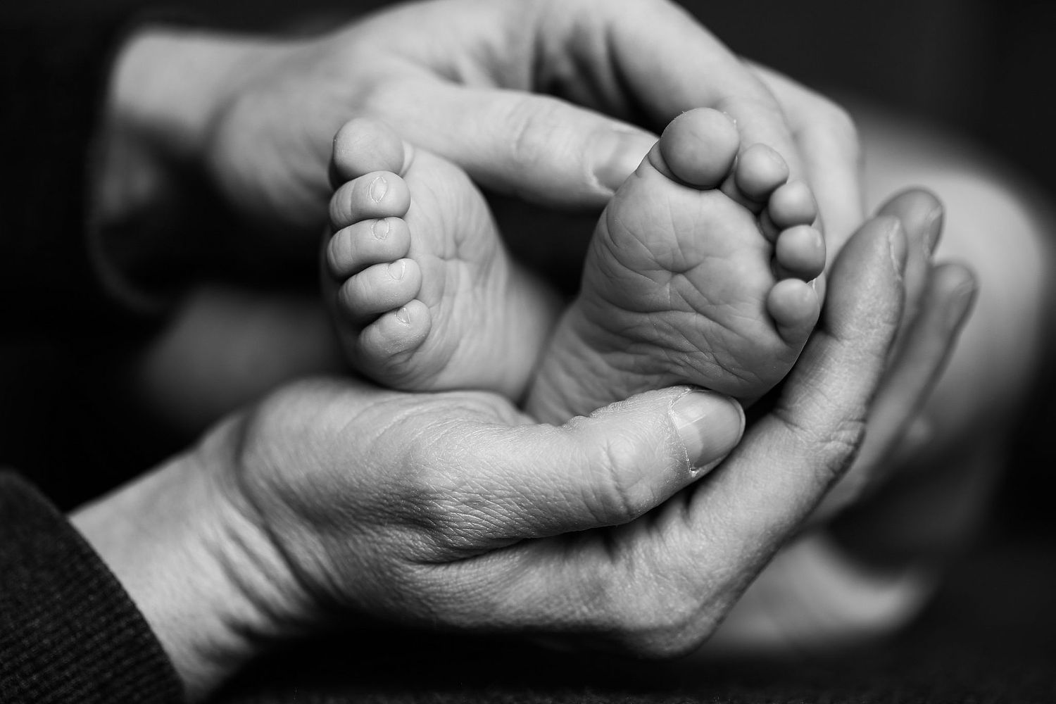 Alt-Tag: &bdquo;Schwarz-Wei&szlig;-Nahaufnahme: Eltern halten die kleinen F&uuml;&szlig;e ihres Neugeborenen &ndash; emotionale Babyfotografie K&ouml;ln.