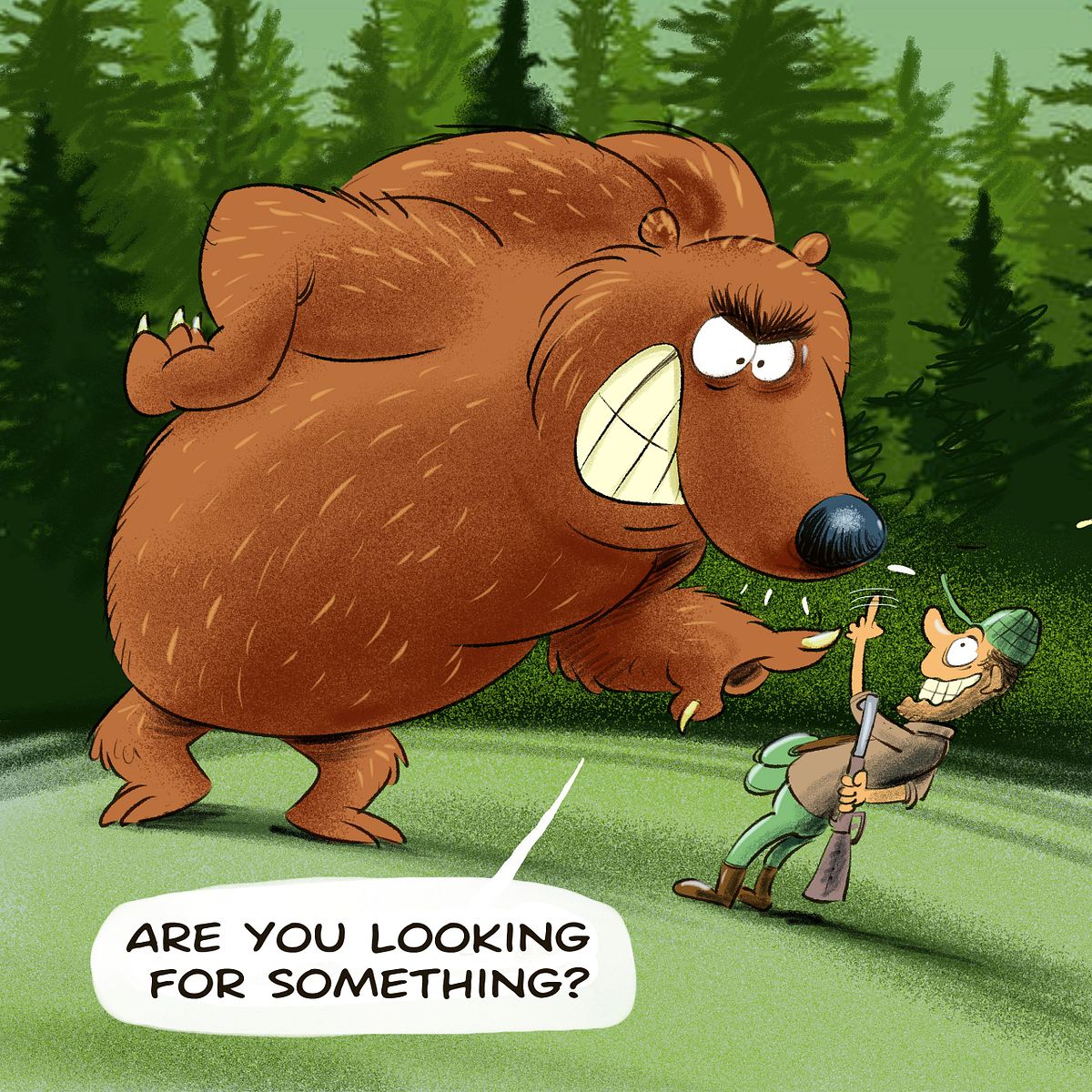 cartoon over grizzly beer die jager aanspreekt of hij iets zoekt in het woud.