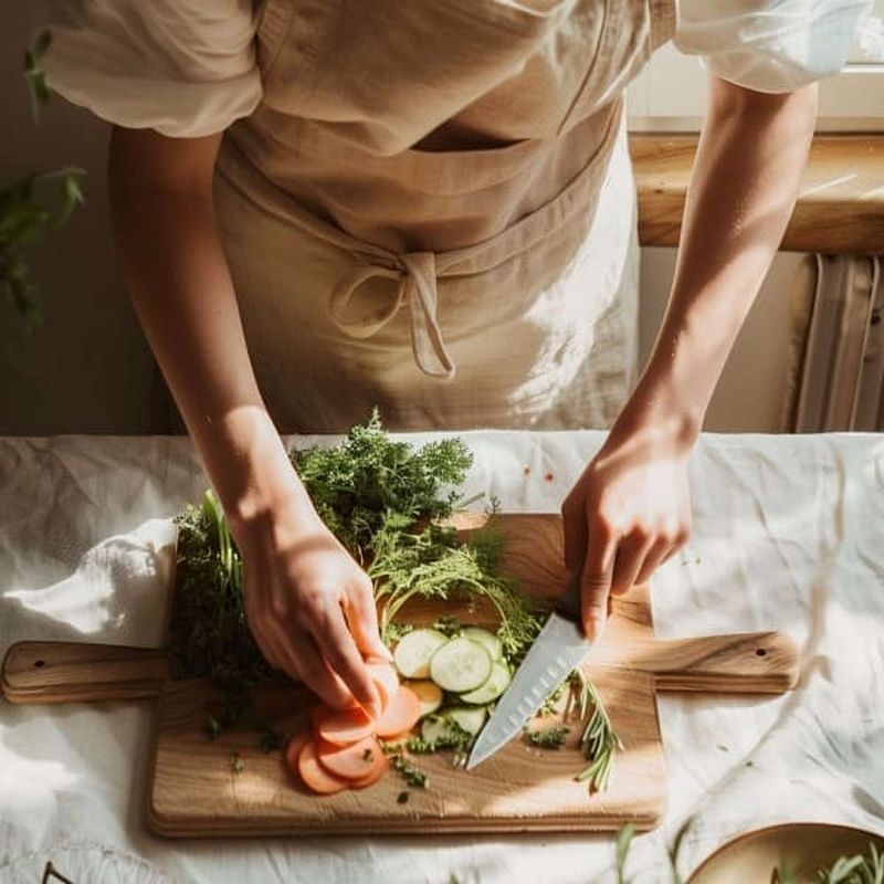 close up of chef's hands chopping vegetables