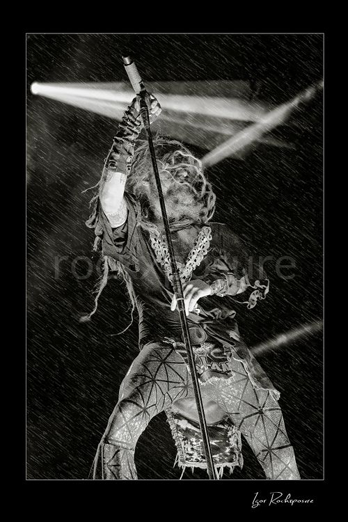 Vertical black and white image of Rob Zombie performing live on stage with raised microphone stand, flying dreadlocks, streaking rain, and dramatic backlighting