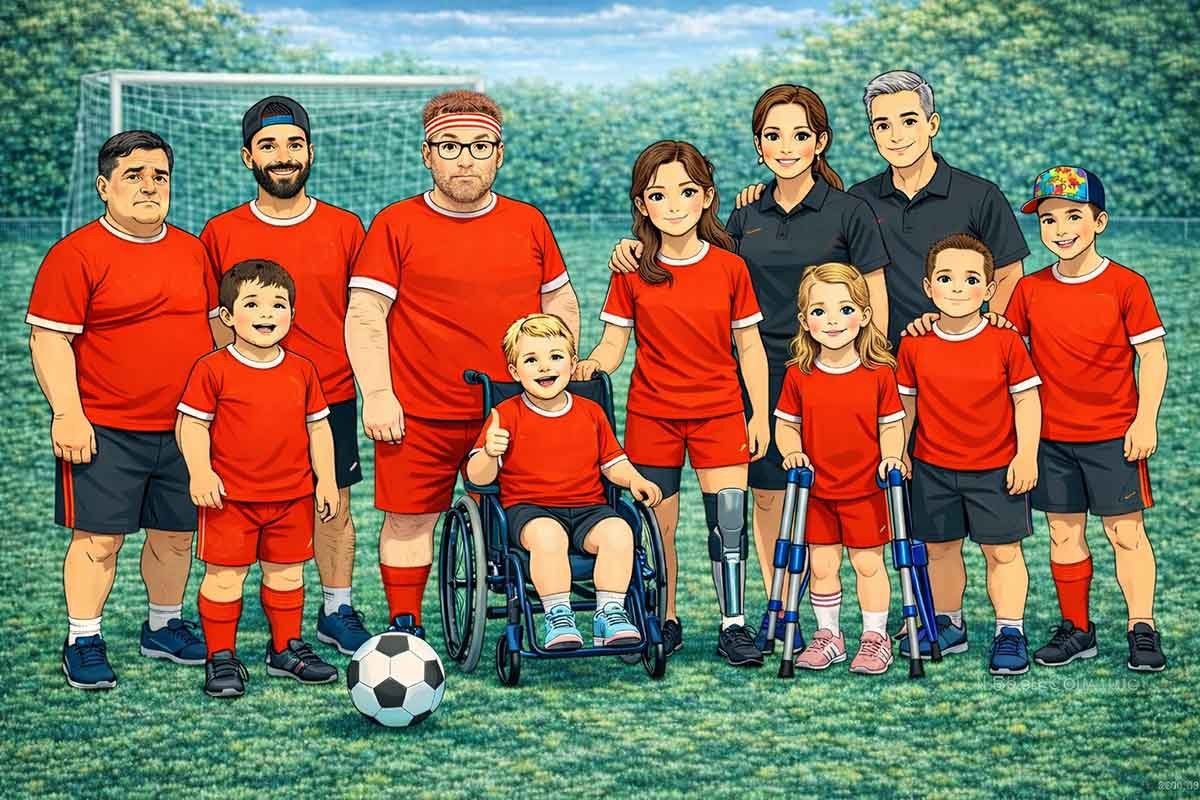 Eine vielfältige Gruppe von Menschen steht gemeinsam auf einem Fußballplatz: Kinder und Erwachsene, unterschiedliche Altersgruppen und Geschlechter, einige mit Rollstuhl, Gehhilfen oder Prothesen. Alle tragen Teamkleidung und präsentieren sich als gemeinsame Mannschaft.