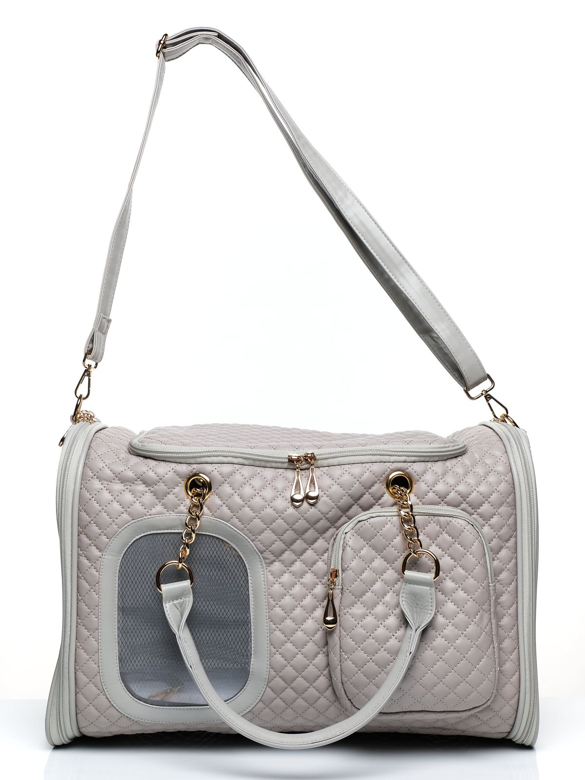 Grey leatherette pet carrier on a pure white background.