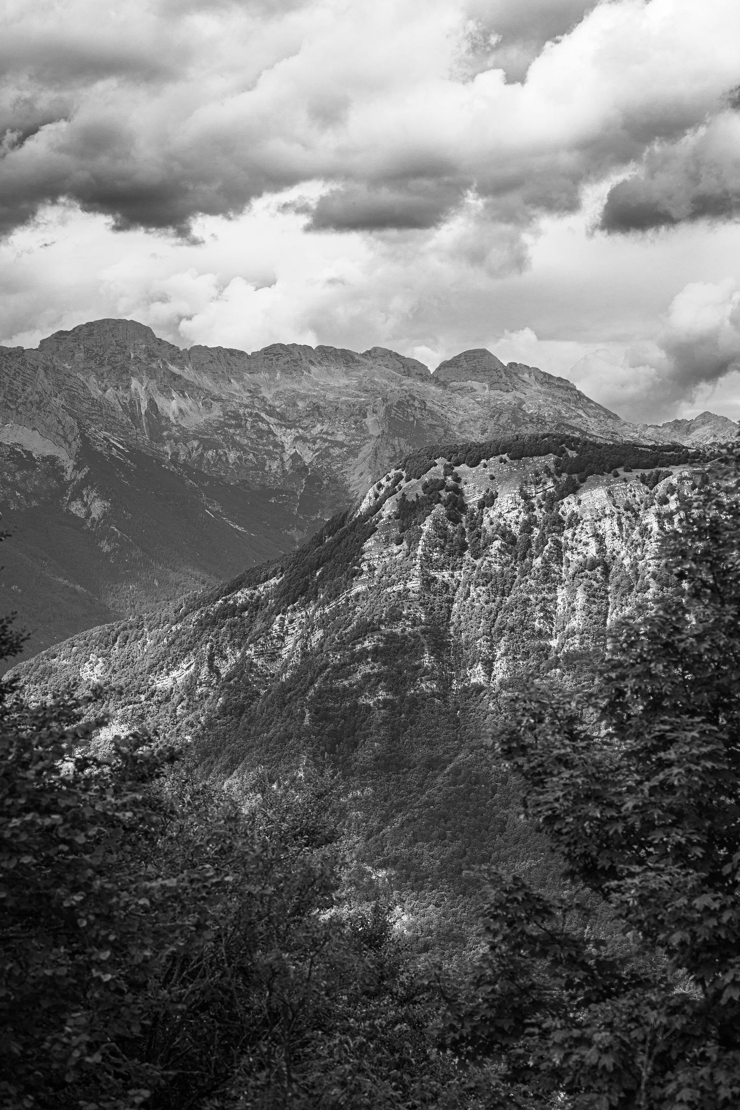 Vue dramatique en noir et blanc sur la montagne
