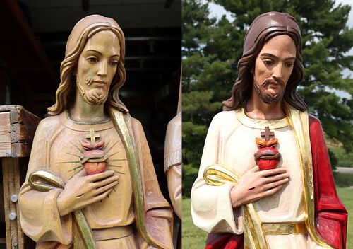 before and after statue restoration of Sacred Heart statues upper body