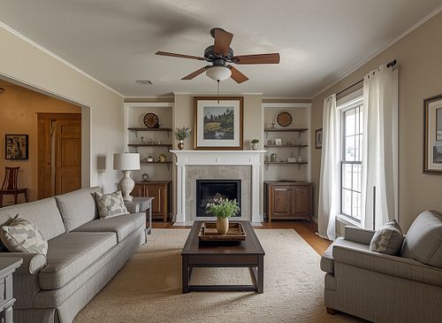 High-quality real estate photography of a Gainesville living room featuring a modern fireplace, built-in shelving, and professional lighting by PrimePropertyPhoto.