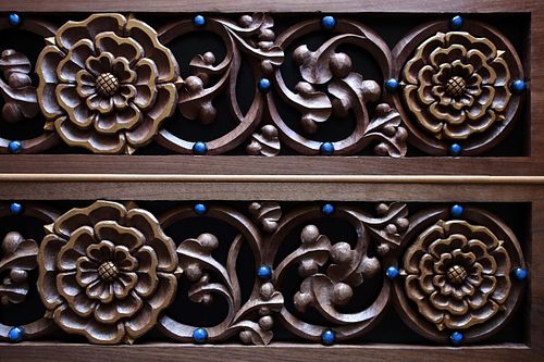 hand-carved roses and vines inspired by Early English Gothic examples by Wes Baker for gradines