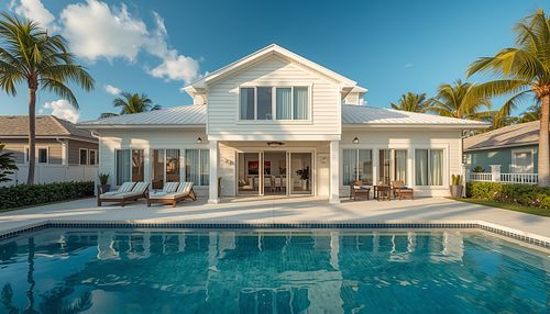 High-quality real estate photography of a white modern two-story home with a geometric swimming pool and glass sliding doors, captured by PrimePropertyPhoto in Gainesville, FL.