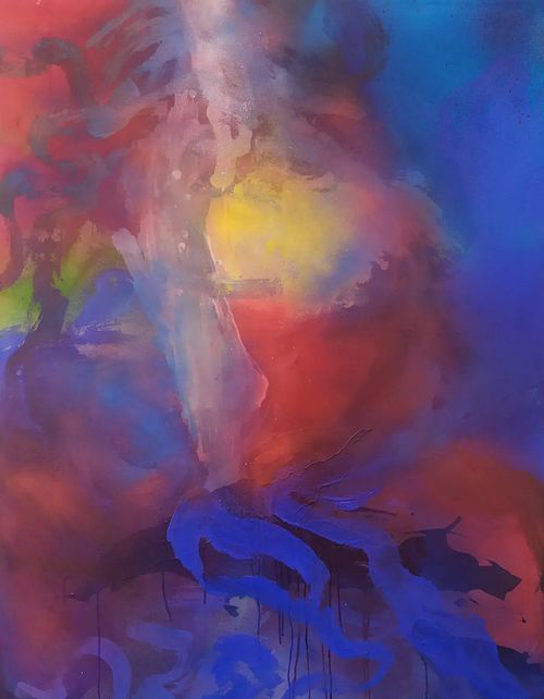 Cosmos, peinture abstraite, grand format, 114x146 cm, 80F, acrylique, encre, techniques mixtes, peinture cosmique, art abstrait contemporain, abstraction lyrique, couleurs intenses, couleurs diffuses, peinture spirituelle, collection Voyages Cosmiques, abstraction lyrique, abstraction spirituelle