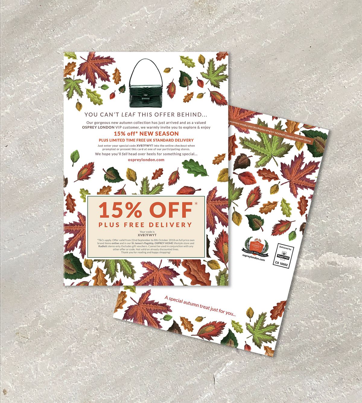 embroidered autumn leaves decorated mailer advertising a new season sale