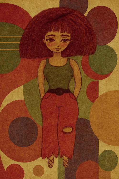 A girl with voluminous hair stands against a vibrant backdrop of overlapping circles. The color palette is reminiscent of a retro style.