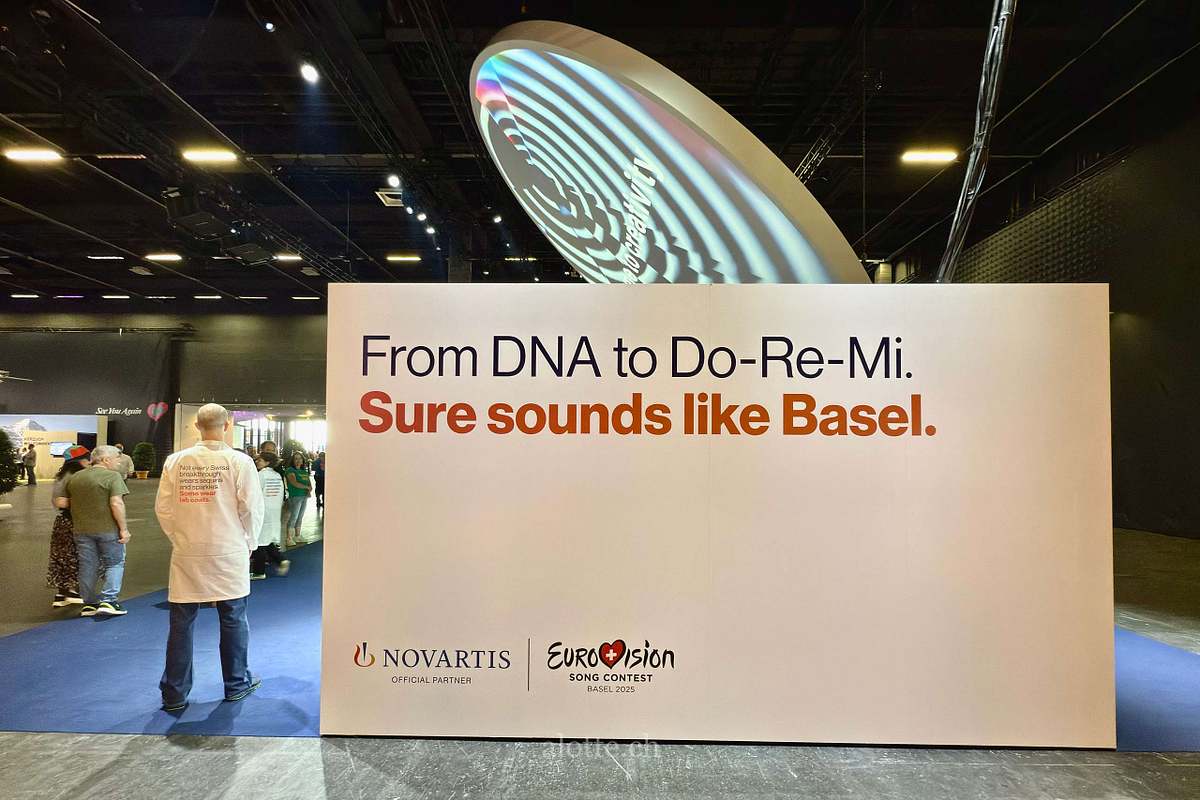 Novartis branded Eurovision booth with tagline written by Martin Potter