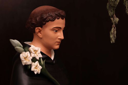 Restored statue of St. Dominic from the side, with his new lilies.