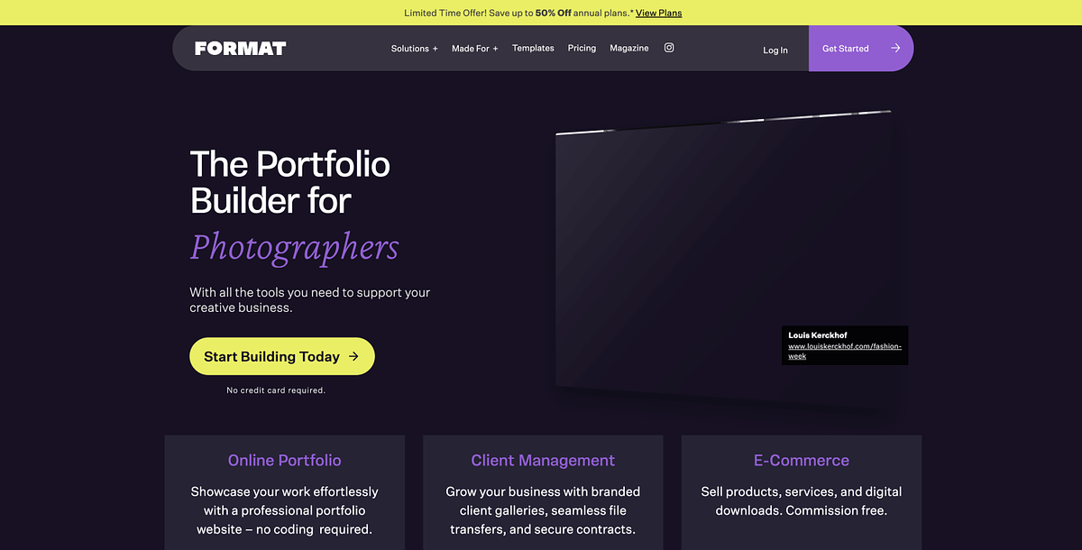 Format homepage showing photographer-built portfolio website templates with Lightroom integration and direct print sales