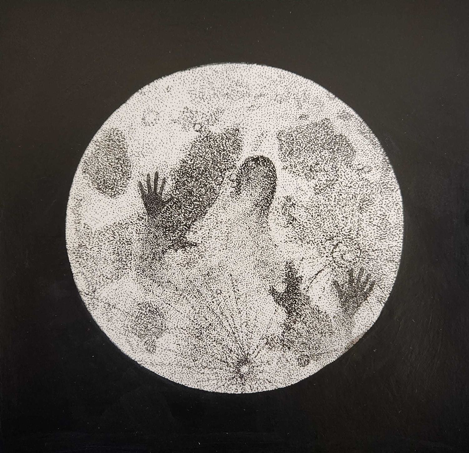 Pen and ink stippling of moon, by Elle Rosen.