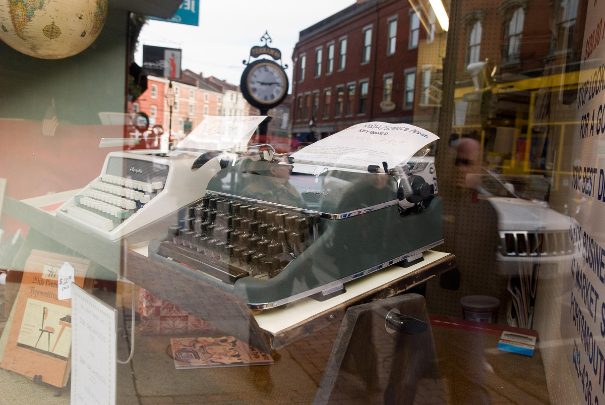 Vintage typewrite memorabilia as seen in Portsmouth NH store window